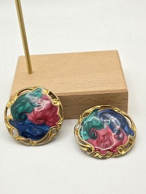 Vintage Gold-Tone Swirl Enamel Earrings - Pink, Green & Blue